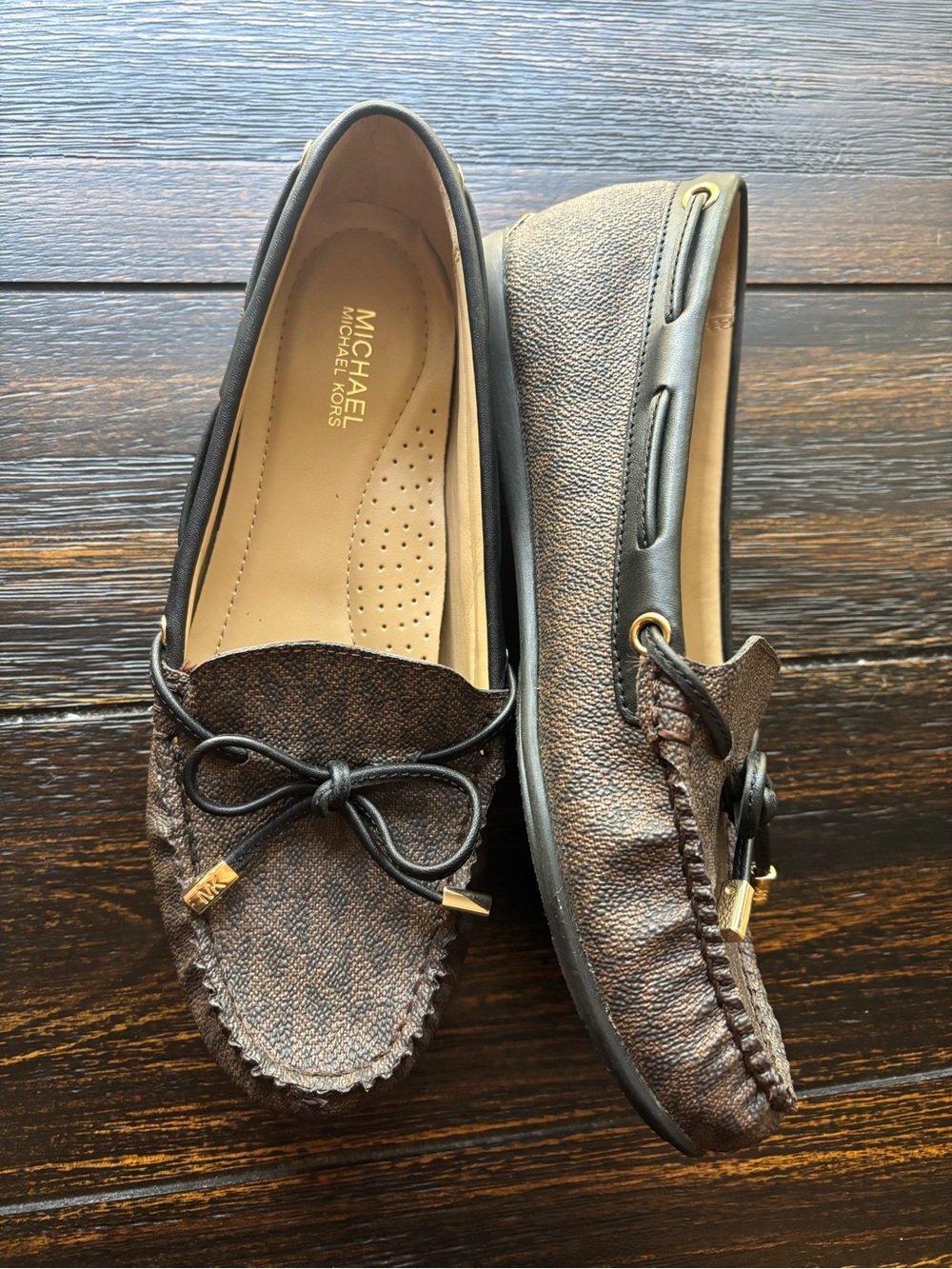 Michael Kors Women’s Dark Brown Leather Moccasin Loafers with Gold Accents
